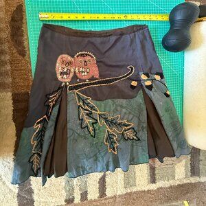 Anthropologie 5 Rue Keller skirt embroidered owls autumn acorn tree size 6 or 38